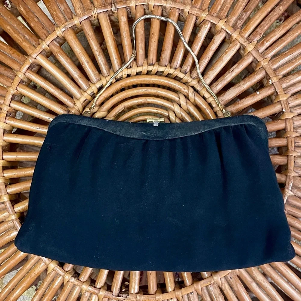 Vintage 1950s Black Fabric Gold Metal Clasp Top Shoulder Bag and Change Purse - Picture 8 of 15